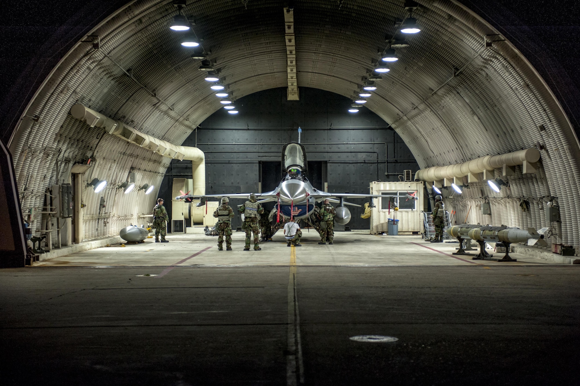 U.S Air Force Airmen assigned to the 8th Maintenance Squadron secure an F-16 Fighting Falcon at Kunsan Air Base, Republic of Korea, Aug. 24, 2017. The 8th AMXS is responsible for ensuring the F-16s on Kunsan are combat-ready to support Component Forces Commander requirements on the Korean Peninsula at a moment’s notice. (U.S. Air Force photo by Senior Airman Colville McFee/Released)