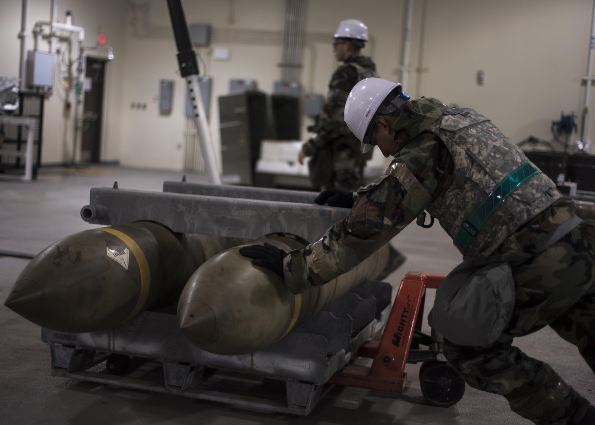 U.S. Air Force Senior Airman Josue Aleman, 8th Maintenance Squadron ammo conventional crew member, prepares a GBU-31 version 3 Joint Direct Attack Munition at Kunsan Air Base, Republic of Korea, Aug. 22, 2017.