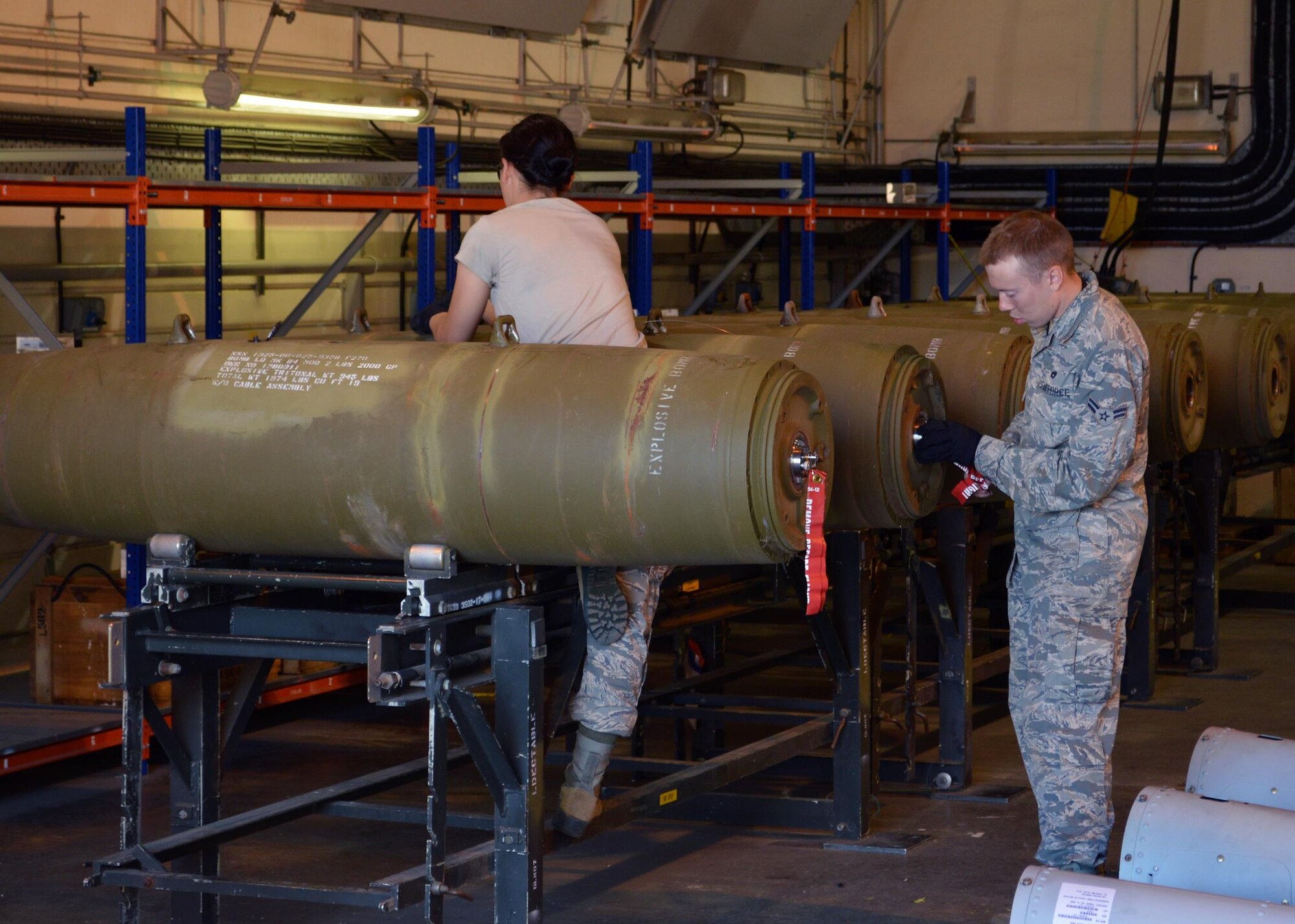 48th Munitions Squadron Airmen build munitions at Royal Air Force Lakenheath, England, recently. Twice a year, every March and September, the squadron completes a 100 percent inventory. (Courtesy photo)