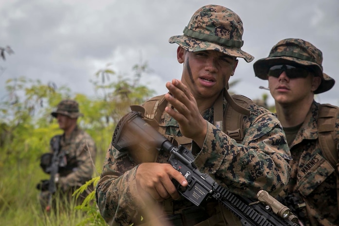 Marines with Battalion Landing Team, 3rd Battalion, 5th Marines, conduct Military Operations in Urbanized Terrain (MOUT) training at Andersen South Air Force Base, Guam, August 30, 2017