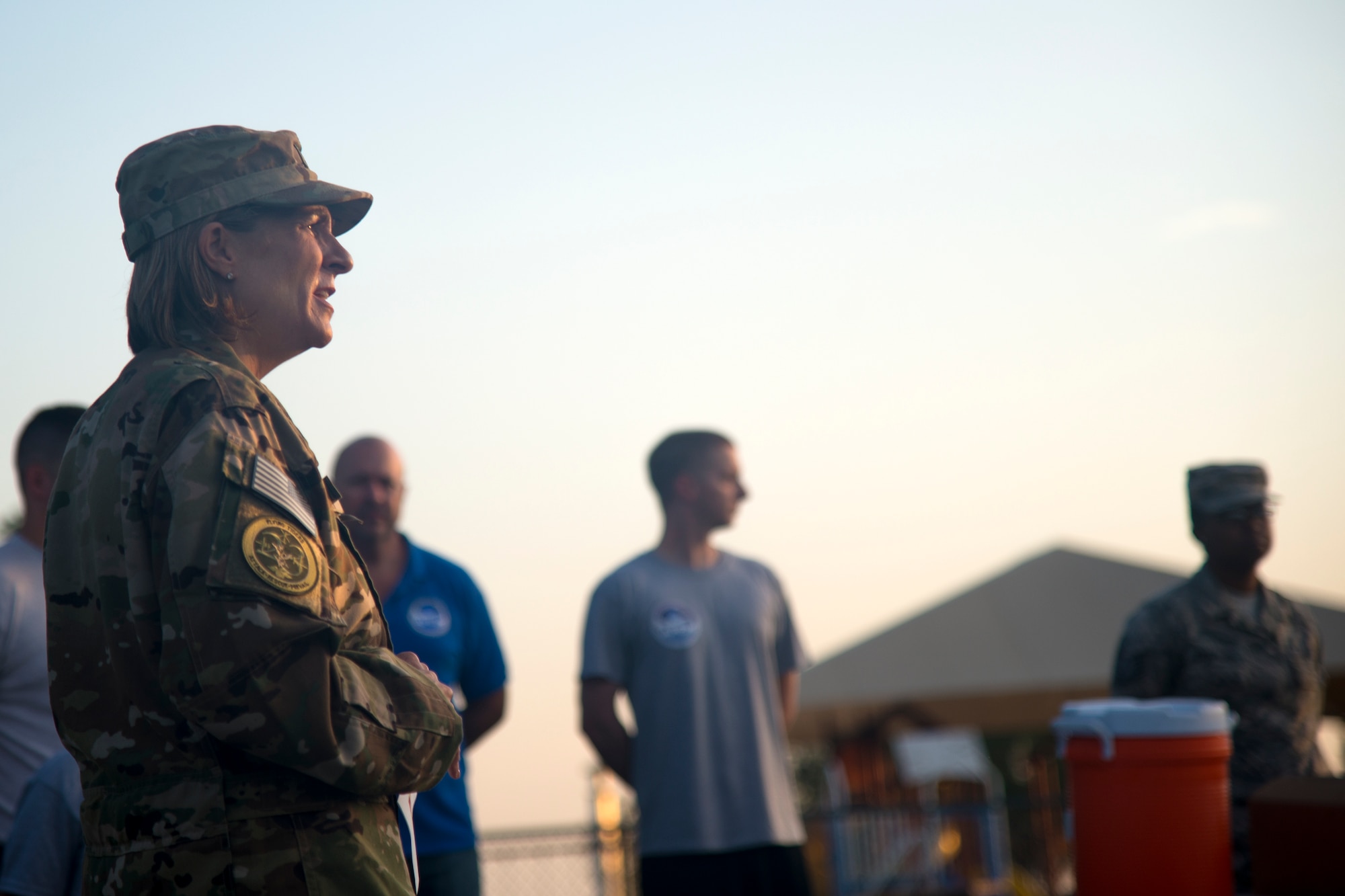 U.S. Air Force Col. Jennifer Short, 23d Wing commander, gives opening remarks before the start of the National Preparedness Month 5k fun run, Sept. 1, 2017, at Moody Air Force Base, Ga. “Our goal is to make sure everyone is ready,” said Short. “Disasters don’t plan ahead, but you can.” (U.S. Air Force photo by Airman 1st Class Erick Requadt)