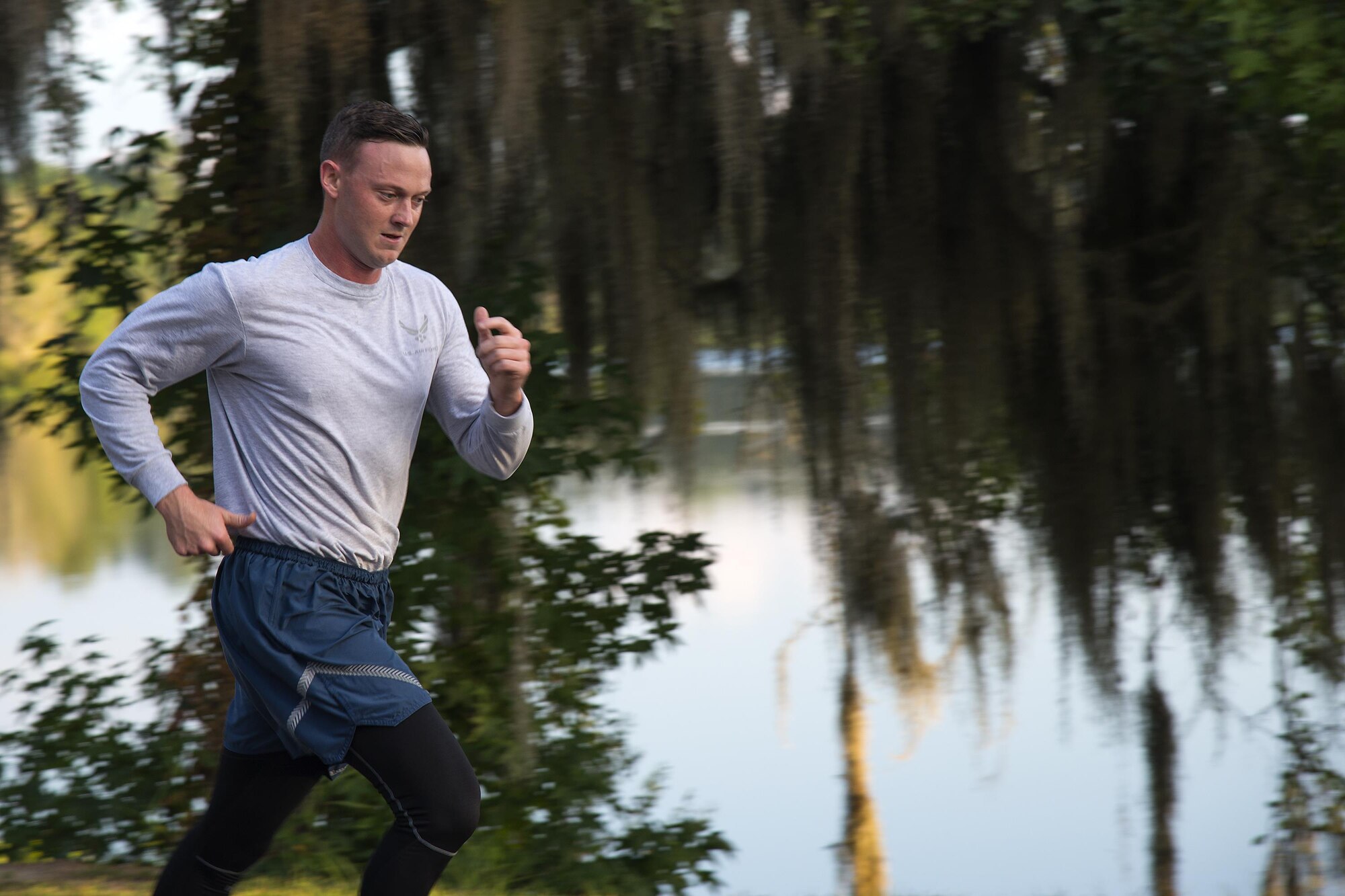 Senior Airman Geoffrey Hagle, 23d Civil Engineer Squadron emergency management journeyman, runs the final stretch of the National Preparedness Month 5k fun run, Sept. 1, 2017, at Moody Air Force Base, Ga. National Preparedness Month is designed to educate and empower not only the base, but also the community on preparing for any disaster. (U.S. Air Force photo by Airman 1st Class Erick Requadt)