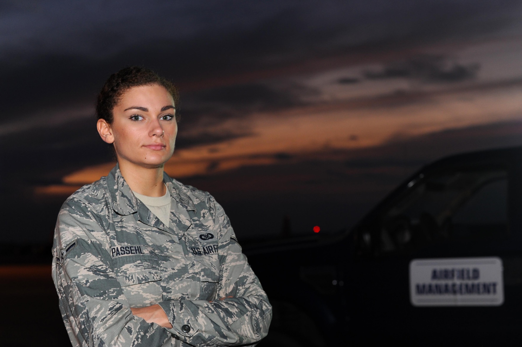 Airman Rachel Passehl, 19th Operations Support Squadron Airfield Management apprentice, conducts airfield checks Aug. 28, 2017, at Little Rock Air Force Base, Ark. Airfield management has a multitude of missions with the sole purpose of maintaining a safe airfield environment. Nighttime operations involve dealing with hazards not as apparent during the day, such as nocturnal wildlife. (U.S. Air Force photo by Airman 1st Class Grace Nichols)