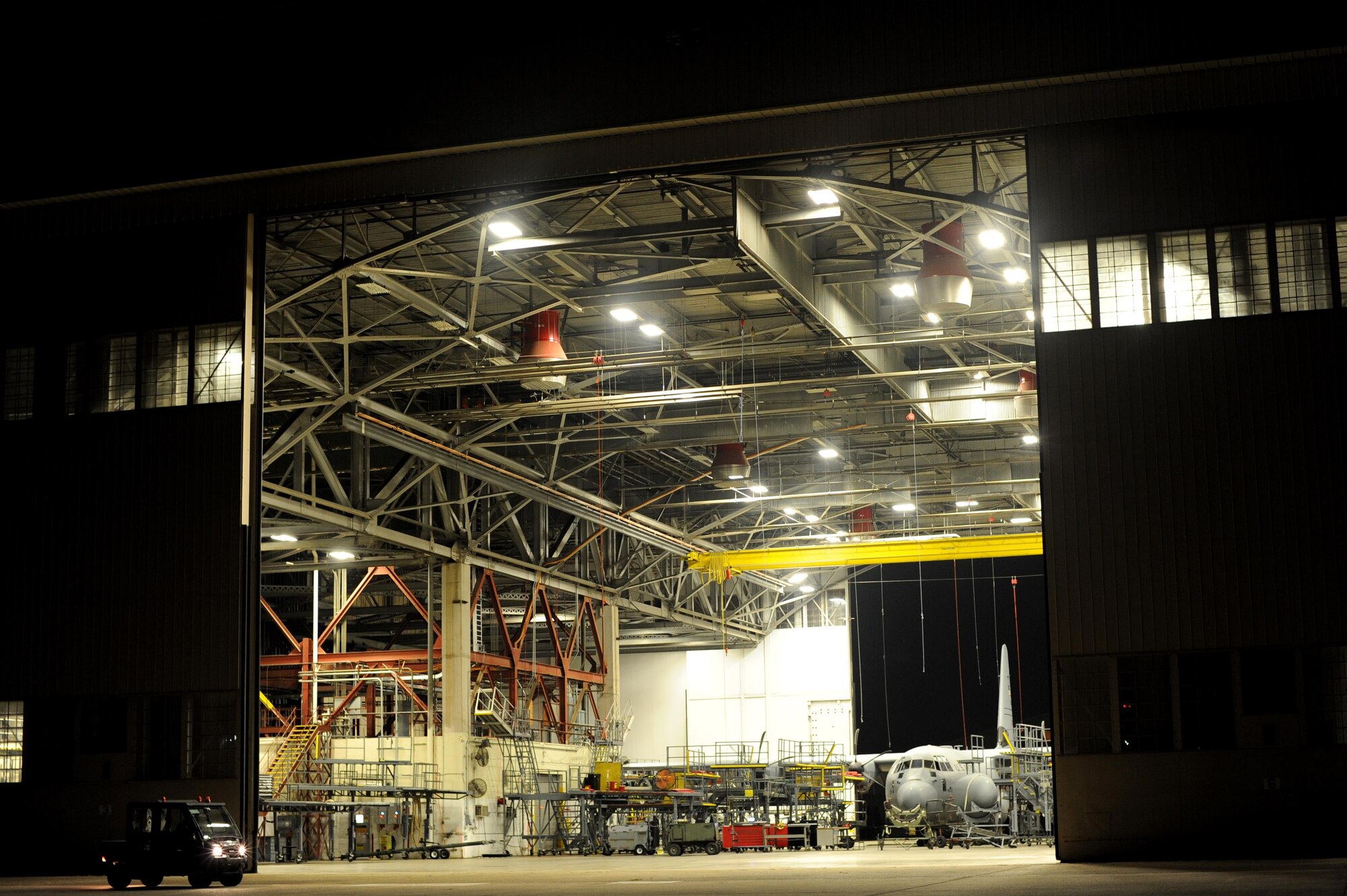 Airmen from the 19th Maintenance Squadron Reclamation and Repair section respond to a work order Aug. 30, 2017, at Little Rock Air Force Base, Ark. The 19th MXS Airmen specialize in repairing landing gear, flight controls and other major components. The Airmen specialize in repairing landing gear, flight controls and other major components. The crew is also the crash recovery team, capable off recovering a downed aircraft. (U.S. Air Force photo by Airman 1st Class Grace Nichols)