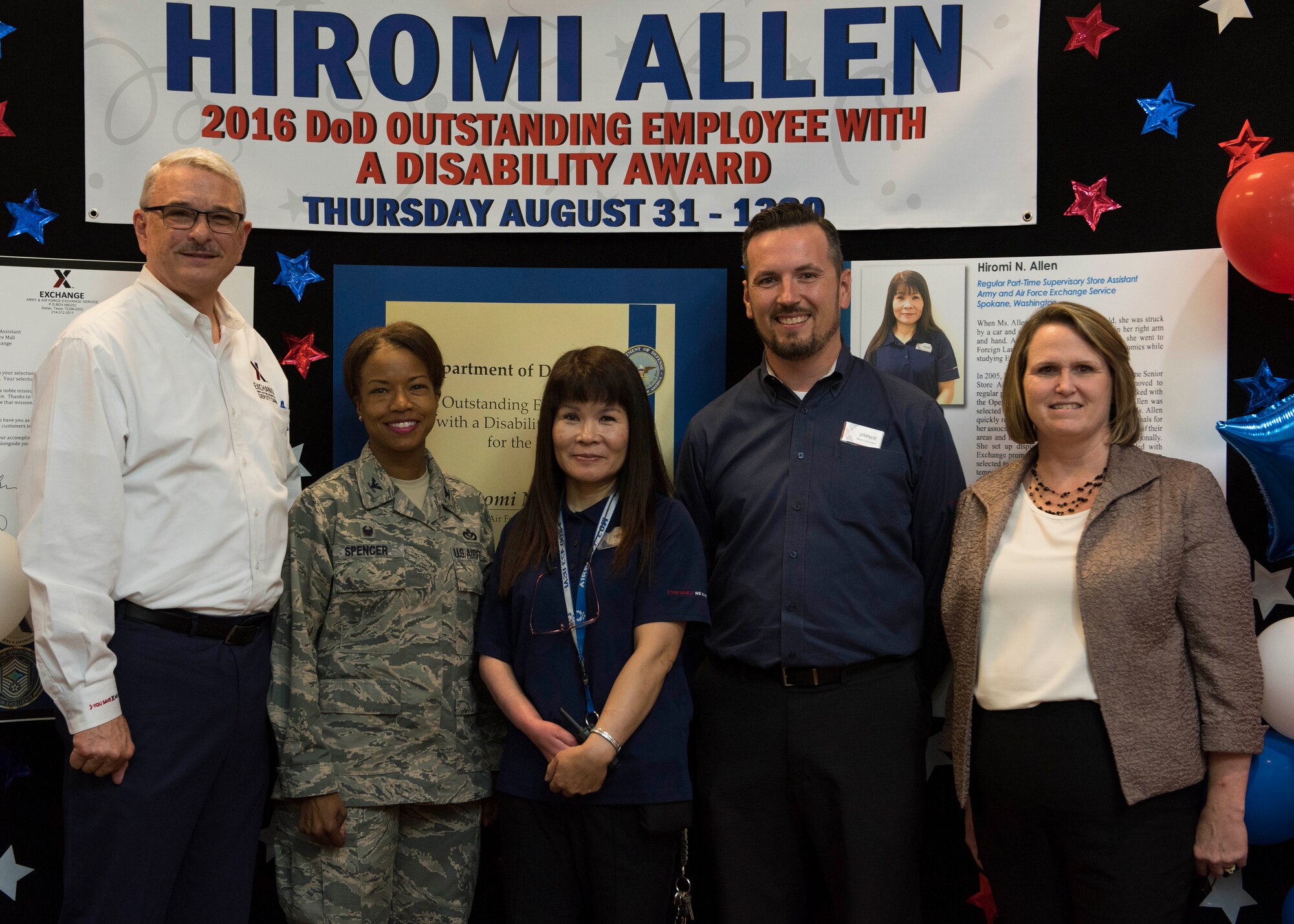 (from left to right) Michael Immler, Army & Air Force Exchange Services deputy director, Col. Yvonne Spencer, 92nd Force Support Squadron commander, Hiromi Allen, Base Exchange supervisor, Jimmie Burris, Base Exchange general manager and Patricia Austin, AAFES regional vice president, pose for a photo during an award ceremony Aug. 31, 2017, at Fairchild Air Force Base, Washington. Allen is the recipient of the 2016 Department of Defense Outstanding Employee with a Disability Award. (U.S. Air Force photo/A1C Ryan Lackey)