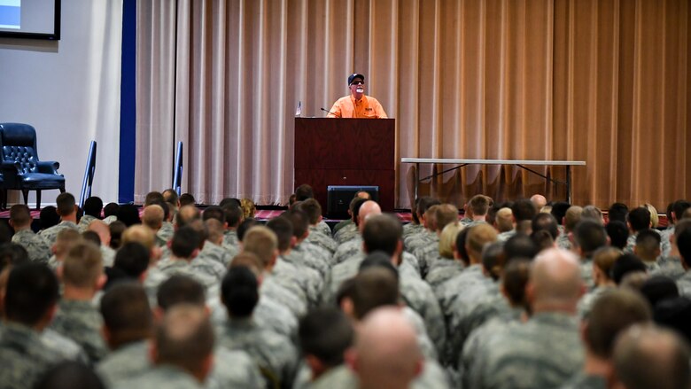 Tony Crow, It’s Not About Just Me founder, speaks to Airmen during the Safety Day briefing at Barksdale Air Force Base, La., Aug. 31, 2017. Crow, an advocate and professional speaker on safety and risk management was blinded during a hunting accident in 2003.
