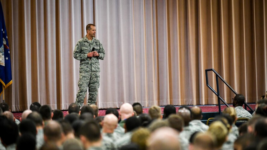 Col. Ty Neuman, 2nd Bomb Wing commander, speaks to Airmen during a safety day briefing at Barksdale Air Force Base, La., Aug. 31, 2017. Newman spoke about risk management and the importance of its application during daily operations.