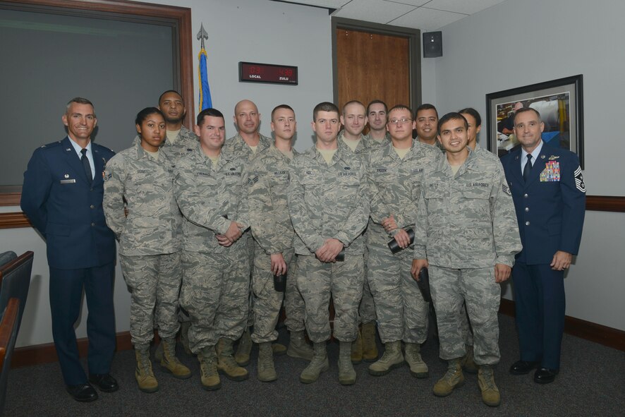The 20th Operations Support Squadron air traffic control and landing systems shop is recognized by 20th Fighter Wing leadership as Shaw “Weasels of the Week” at Shaw Air Force Base, S.C., Sept. 6, 2017.