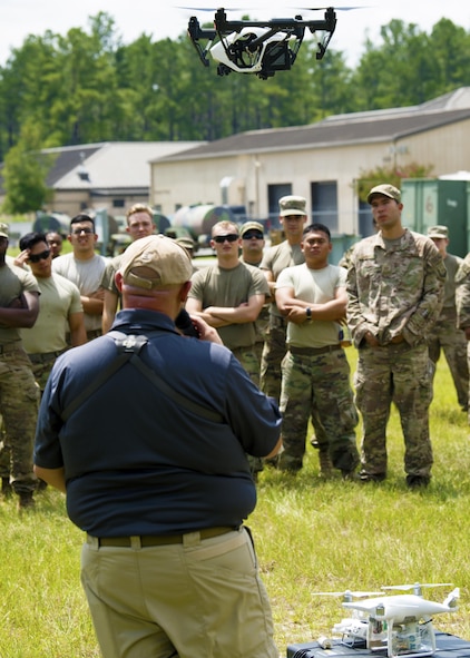Tom Fernandez, drone specialist and instructor, speaks to Airmen from the 823d Base Defense Squadron about drone capabilities, Aug. 30, 2017, Moody Air Force Base, Ga. Airmen from the 823d BDS were taught the basics of drone detection, identification and neutralization to ensure readiness while deployed. (U.S. Air Force photo by Airman Eugene Oliver