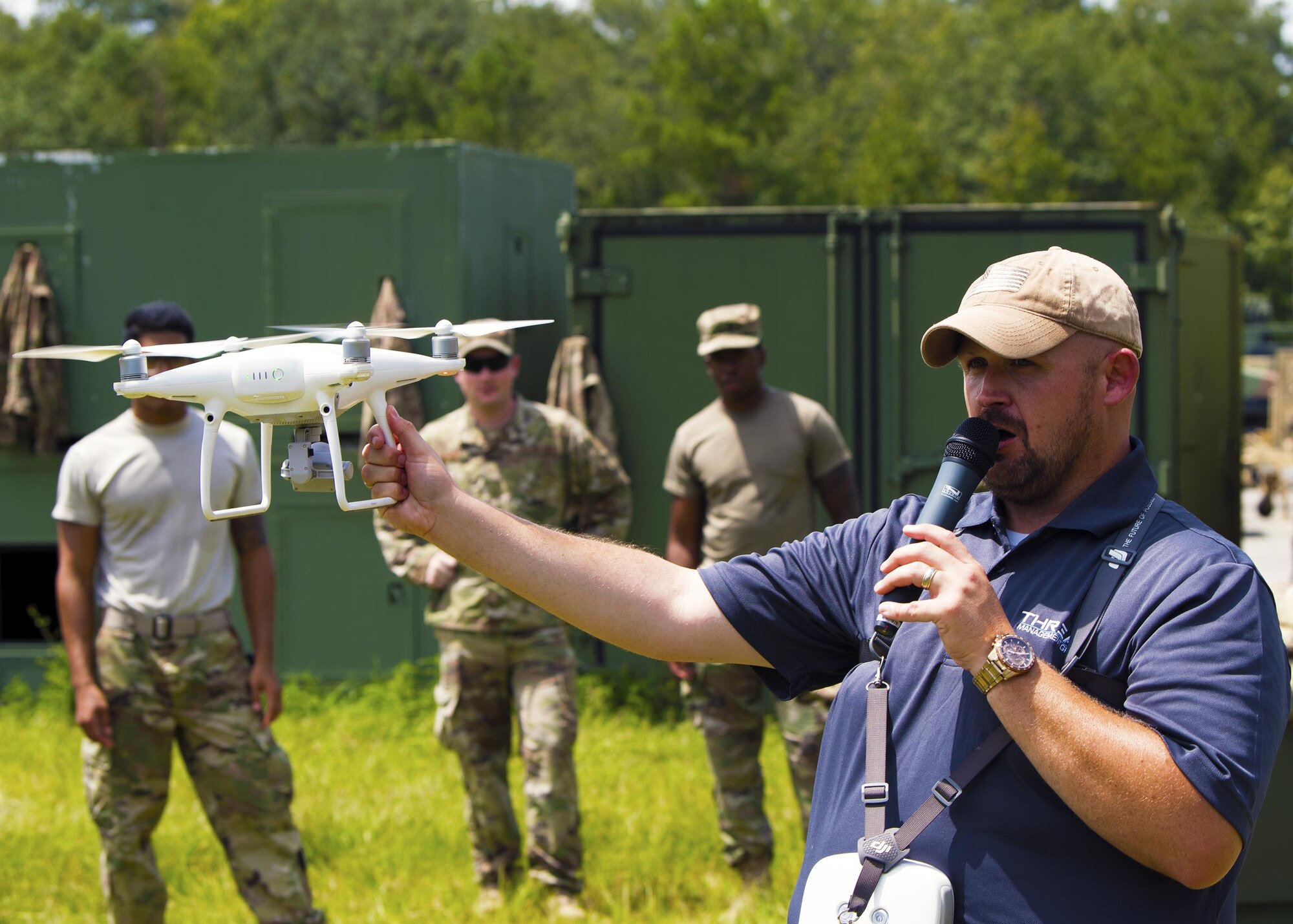 Airmen from the 823d Base Defense Squadron watch a drone ascend into the sky, Aug. 30, 2017, at Moody Air Force Base, Ga.  Airmen from the 823d BDS we’re taught the basics of drone detection, identification and neutralization to ensure readiness while deployed. (U.S. Air Force photo by Airman Eugene Oliver)