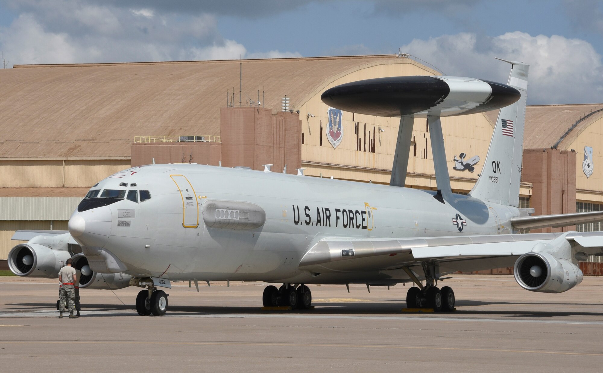 An E-3 Airborne Warning and Control System aircraft of the 552nd Air Control Wing, Air Combat Command, is readied for a mission in support of the ongoing humanitarian efforts for Hurricane Harvey Aug. 31, 2017, Tinker Air Force Base, Oklahoma.