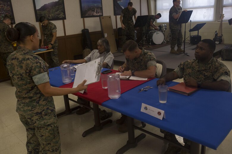 U.S. Marine Corps Staff Sgt. Christine Monroig, a food service specialist with Marine Wing Support Detachment 24, briefs the judges during the Chef of the Quarter cook-off competition at Anderson Hall aboard Marine Corps base Hawaii, August 23, 2017. After a series of evaluations to include a 50-question written test, an oral board and a uniform inspection, the U.S. Marines with top three highest combined scores were selected to be a part of the cook-off. The competitors used chicken, curry, cream cheese and kiwi fruit as items for their appetizer, entrée and desserts. (U.S. Marine Corps photo by Cpl. Zachary Orr)