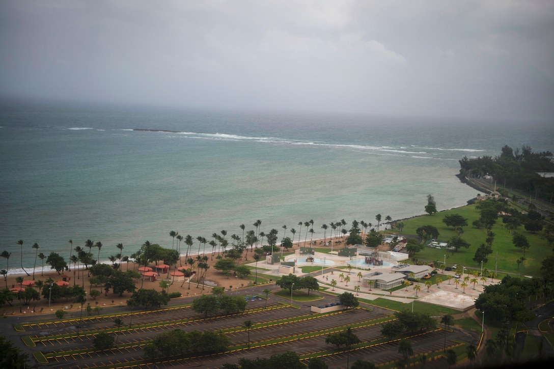 An aerial view of a beach in San Juan, Puerto Rico during a storm.