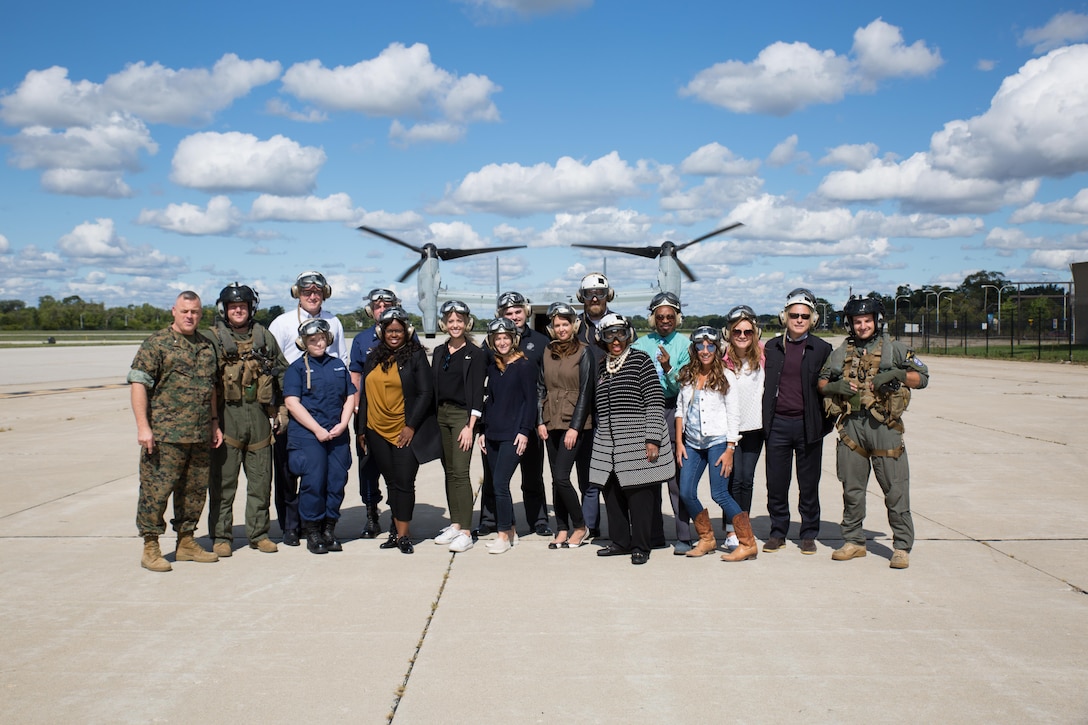 Local dignitaries from Detroit, pose for a photo after the MV-22 Osprey flights over Detroit as part of Marine Week, Sept. 6, 2017. Marine Week Detroit is an opportunity to connect with the people of the greater Detroit area, and thank them for their support.