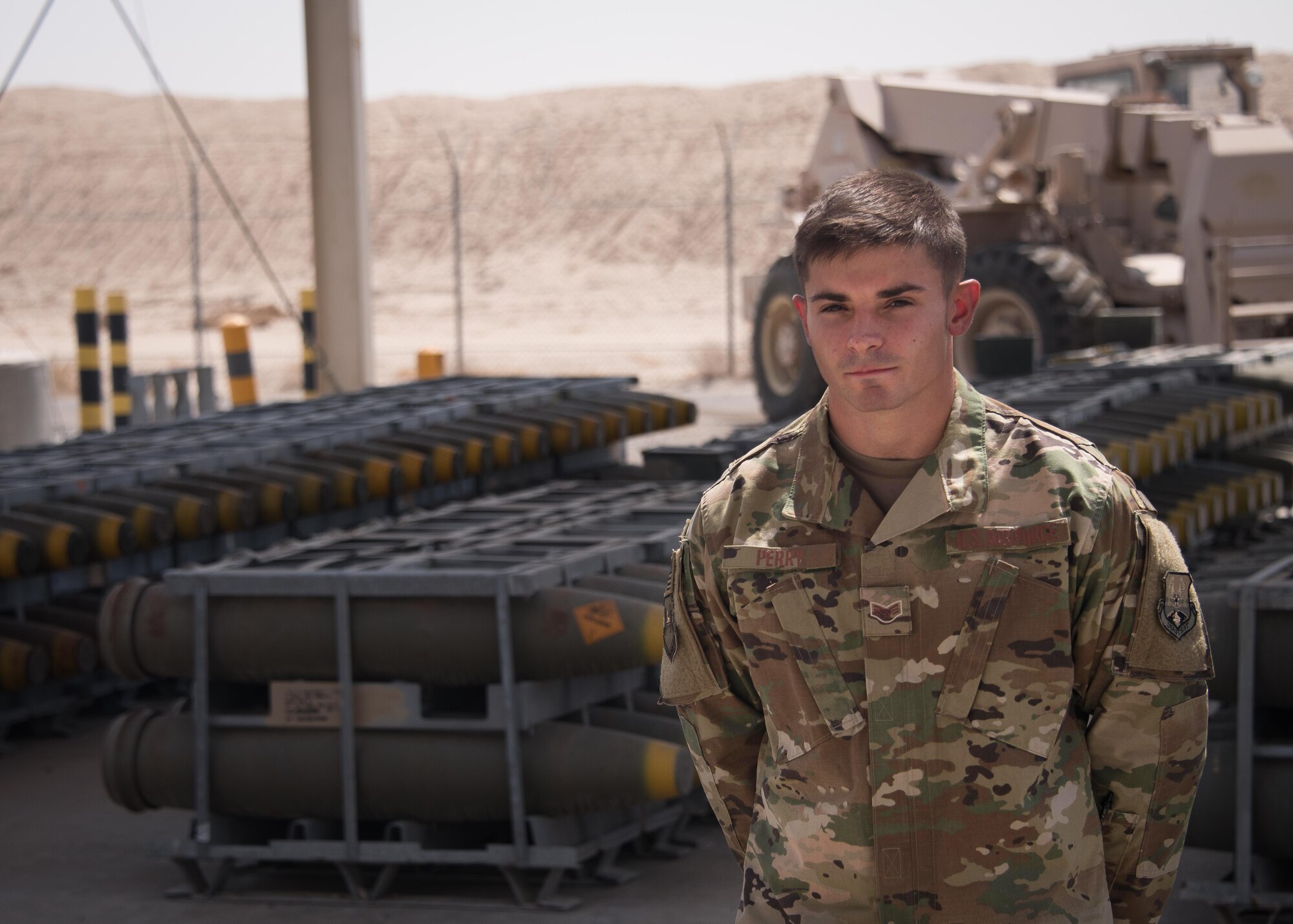 This week’s Rock Solid Warrior is Senior Airman John Perry III, a munitions system crew chief with the 386th Maintenance Squadron, deployed from Langley Air Force Base, Va. The Rock Solid Warrior program is a way to recognize and spotlight the Airmen of the 386th Air Expeditionary Wing for their positive impact and commitment to the mission.