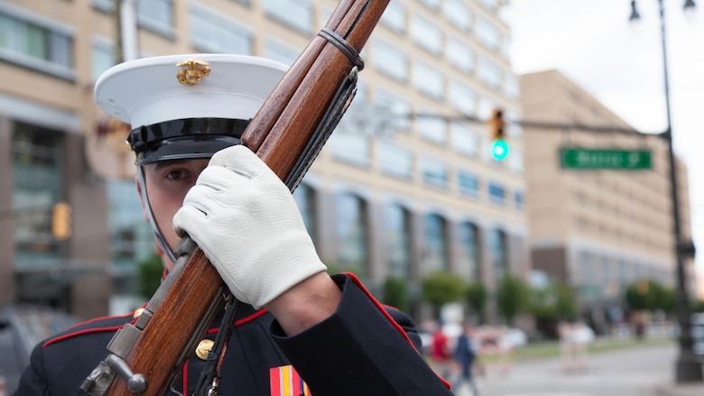 Michigan local, Lance Cpl. Charles Woods with the Official Color Guard of the Marine Corps practices his drill manual leading up to the opening ceremony at Marine Week Detroit, Sept. 6, 2017. Marine Week provides an opportunity for the Marine Corps to visit a city that normally doesn’t have opportunities to interact with Marines on a regular basis.