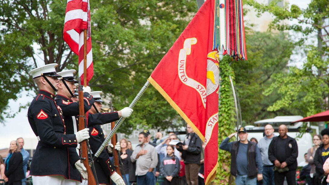 The Official Color Guard of the Marine Corps presents the colors during the  national anthem at Marine Week Detroit’s opening ceremony, Sept. 6, 2017.  Marine Week Detroit is an opportunity to commemorate the unwavering support of the American people, and show the Marines Corps’ continued dedication to protecting the citizens of this country.