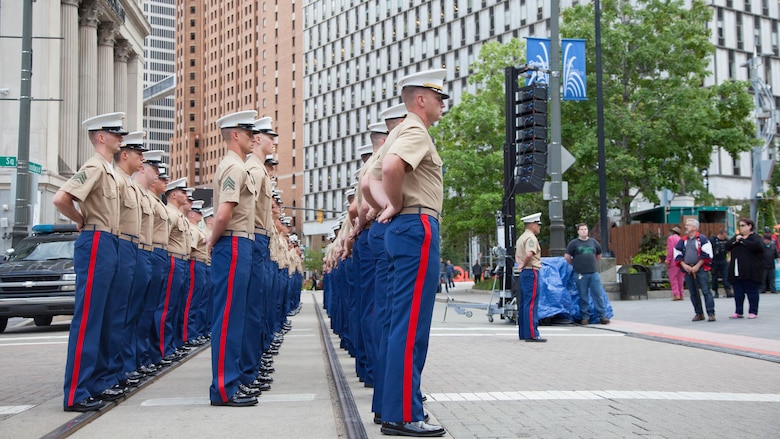 Marines stand in formation upon their arrival to the Marine Week Detroit opening ceremony Campus Martius Park, Detroit, Sept. 6th, 2017. Marine Week Detroit is an opportunity to commemorate the unwavering support of the American people, and show the Marines Corps’ continued dedication to protecting the citizens of this country.
