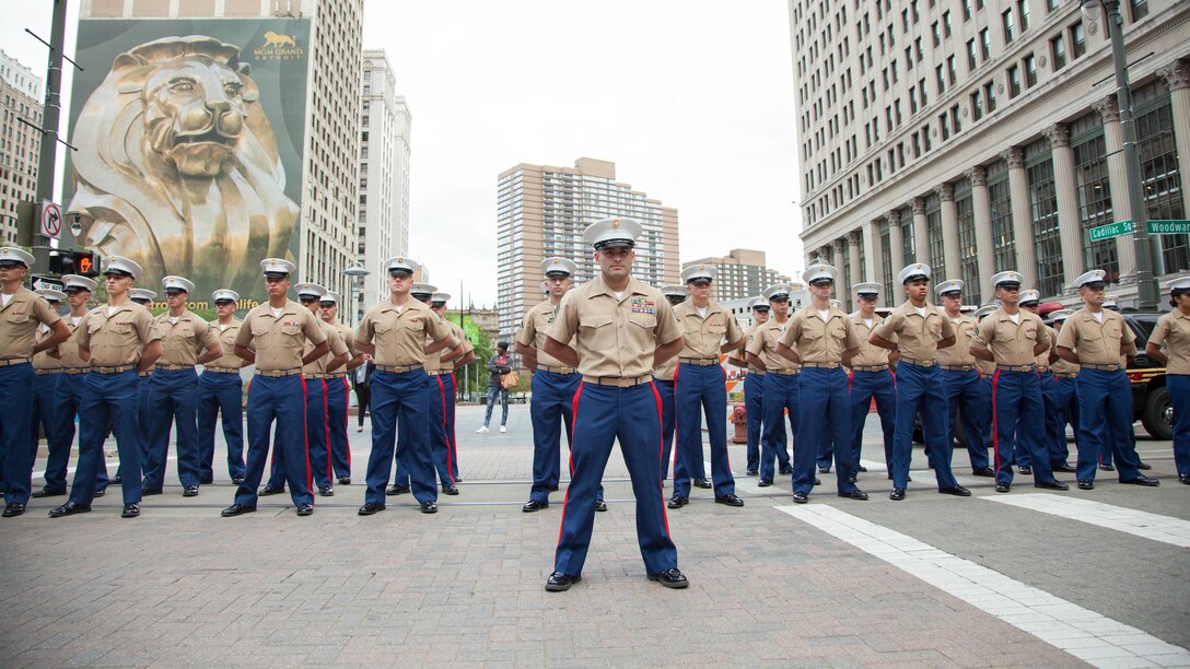 Marines stand in formation upon their arrival to the Marine Week Detroit opening ceremony Campus Martius Park, Detroit, Sept. 6th, 2017. Marine Week Detroit is an opportunity to commemorate the unwavering support of the American people, and show the Marines Corps’ continued dedication to protecting the citizens of this country.