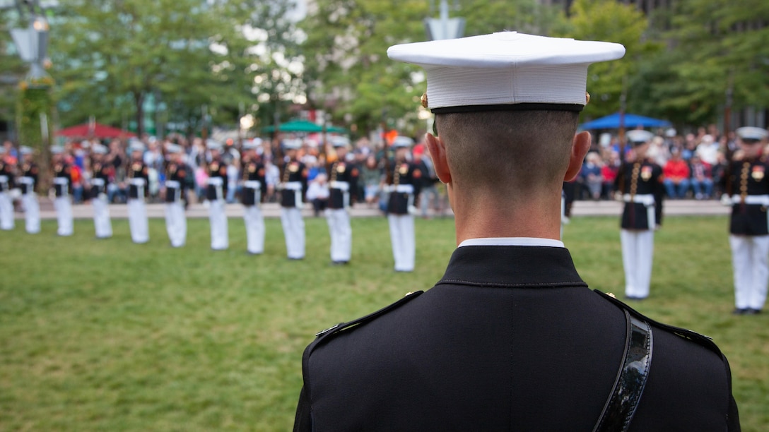 U.S. Marine Capt. Gregory Jurschak, Platoon Commander, over looks The Marine Corps Silent Drill Platoon at Campus Martius during the Marine Week Detroit opening ceremony, Sept. 6, 2017.  Marine Week Detroit is an opportunity to commemorate the unwavering support of the American people, and show the Marines Corps’ continued dedication to protecting the citizens of this country.