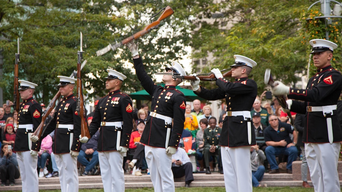 The Marine Corps Silent Drill Platoon performs at the Marine Week Detroit opening ceremony, Sept. 6, 2017. Marine Week Detroit is an opportunity to commemorate the unwavering support of the American people, and show the Marines Corps’ continued dedication to protecting the citizens of this country.