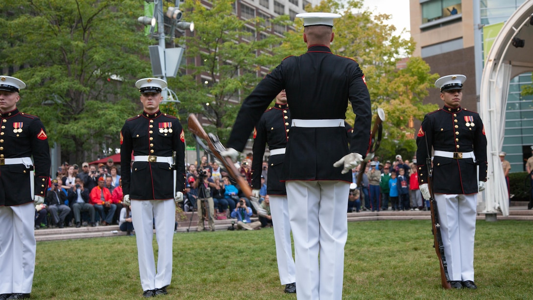 The Marine Corps Silent Drill Platoon performs at Campus Martius during the Marine Week Detroit opening ceremony, Sept. 6, 2017. More than 700 Marines are participating in Marine Week Detroit to give the citizens of the greater Detroit area the opportunity to meet their Marines and celebrate community, country and Corps.