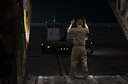 Senior Airman Tom Saunders, a 774th Expeditionary Airlift Squadron loadmaster, inspects the propellers of a C-130J Super Hercules as it starts up at Bagram Airfield, Afghanistan, Aug. 24, 2017. The 774th Expeditionary Airlift Squadron conducted their first combat airdrop in nearly two-and-a-half years, resulting in the successful delivery of 11,000 pounds of equipment to coalition forces. (U.S. Air Force photo by Staff Sgt. Benjamin Gonsier)