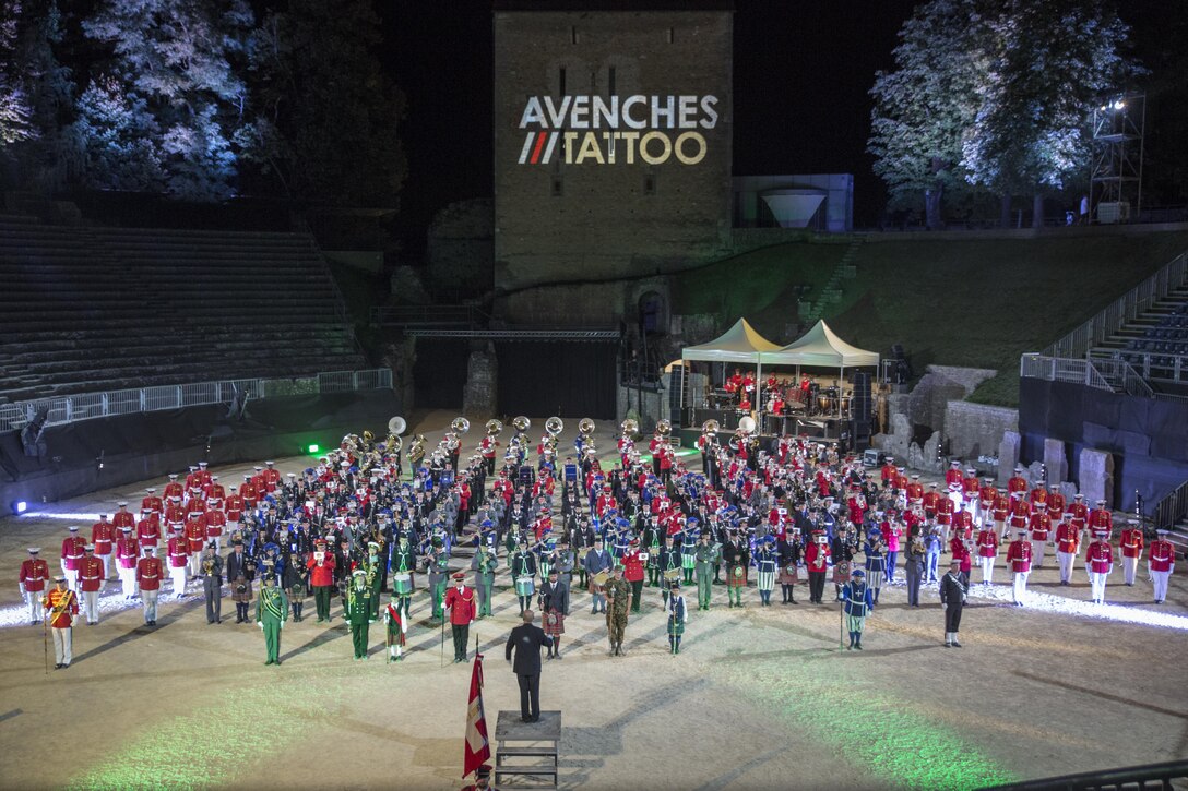All of the musical units performing in the Avenches Tattoo rehearse the closing set together in Avenches, Switzerland, Aug. 31, 2017. This year marks the 13th iteration of the tattoo, bringing together approximately 500 military and civilian musicians from all over the world. (Official U.S. Marine Corps photo by Lance Cpl. Damon McLean/Released)