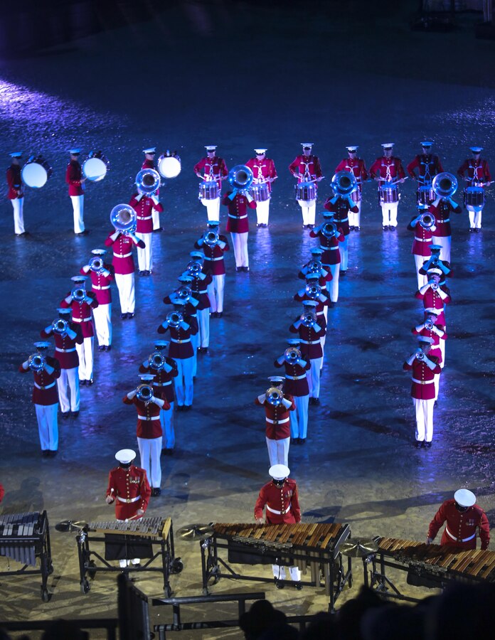 Marines with “The Commandant’s Own” U.S. Marine Drum & Bugle Corps perform musical ballads during the Avenches Tattoo in Avenches, Switzerland, Sept. 1, 2017. This year marks the 13th iteration of the tattoo, bringing together approximately 500 military and civilian musicians from all over the world. (Official U.S. Marine Corps photo by Lance Cpl. Damon McLean/Released)