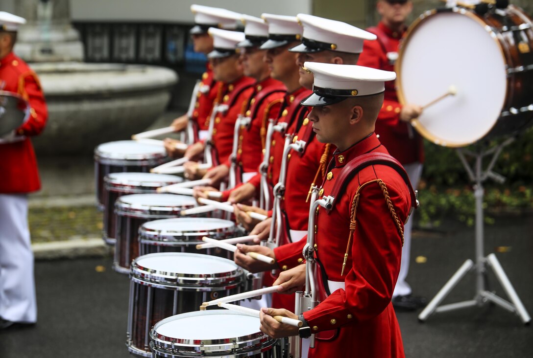 Marines with “The Commandant’s Own” U.S. Marine Drum & Bugle Corps perform musical ballads at the Law Enforcement Reception at the U.S. Embassy Bern, Switzerland, Sept. 1, 2017. The D&B performed a concert for high-ranking officials and friends and families. (Official Marine Corps photo by Lance Cpl. Damon Mclean/Released)