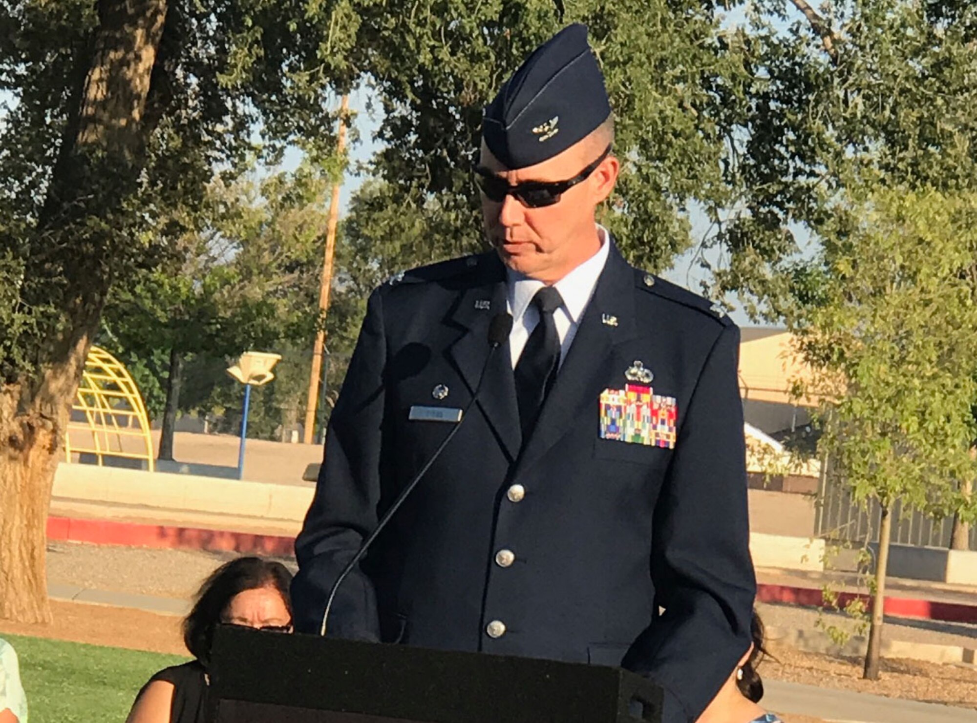 Col. Richard Gibbs, 377th Air Base Wing commander, speaks at the grand reopening of Wherry Elementary.  Wherry received a $16.25 million grant to upgrade facilities at the school, which rests on Kirtland Air Force Base land.