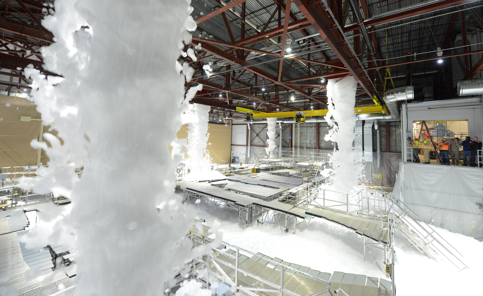Contractors conducted the final high-expansion fire suppression foam test at Hangar 18 on Joint Base Elmendorf-Richardson, Alaska, Aug. 31, 2017. The foam test was conducted to ensure the new system performed as designed before it was released to the 176th Air National Guard.