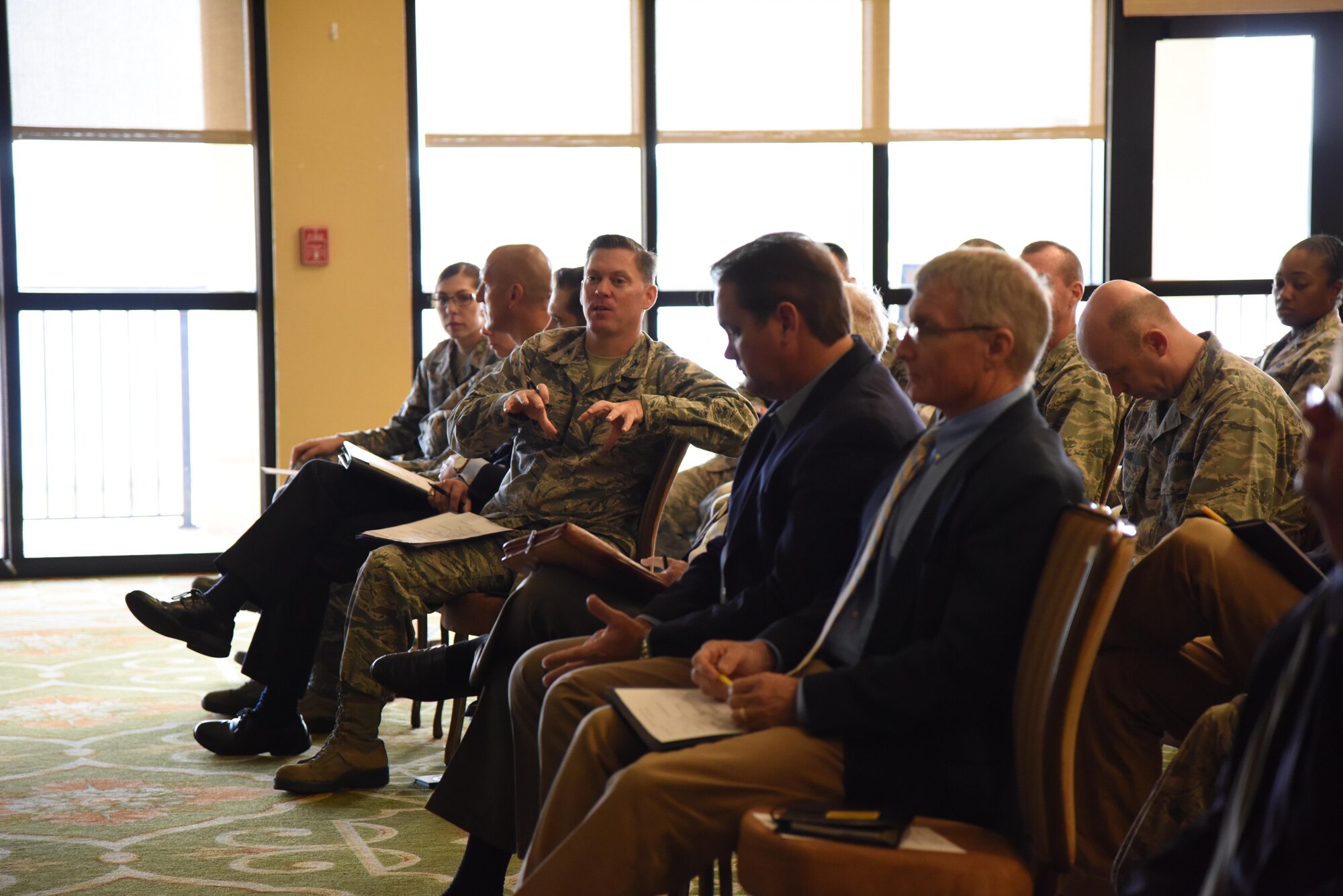 Col. C. Mike Smith, 81st Training Wing vice commander, asks questions during the Air Force Community Partnership Program Priorities Workshop at the Bay Breeze Event Center Aug. 31, 2017, on Keesler Air Force Base, Mississippi. After members from Keesler and the local community developed creative ways to leverage capabilities, resources and reduce costs in their last meeting, they shared their ideas to achieve mutual value and benefit in support of the Air Force and its business partners. (U.S. Air Force photo by Kemberly Groue)