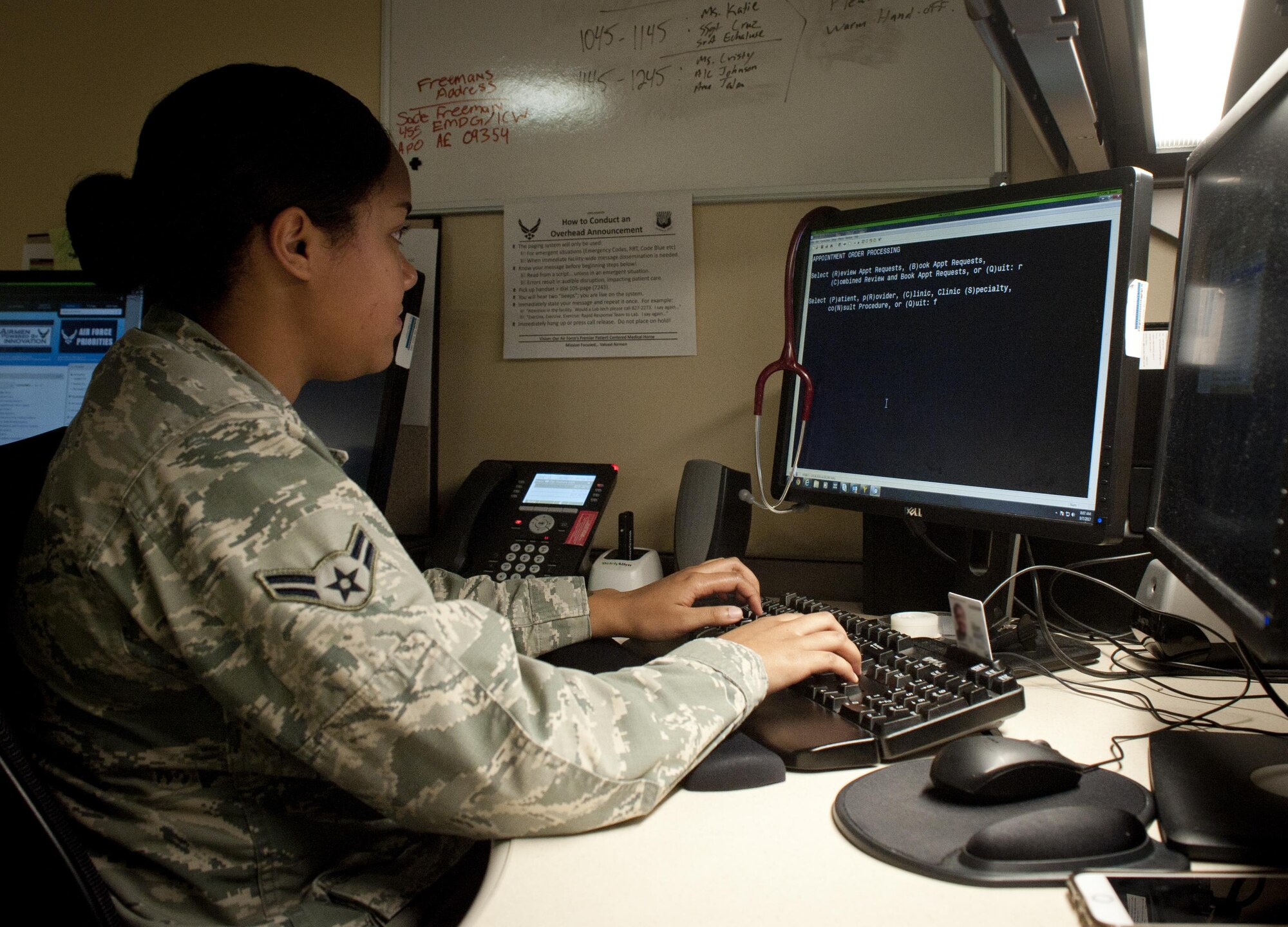 U.S. Air Force Airman 1st Class Monique Johnson, an aerospace medical service technician assigned to the 6th Medical Support Operations Squadron, types information into her computer in the 6th Medical Group Clinic at MacDill Air Force Base, Fla., Sept. 7, 2017. The family health clinic cares for all branches of service, retirees and dependents. (U.S. Air Force photo by Senior Airman Mariette Adams)