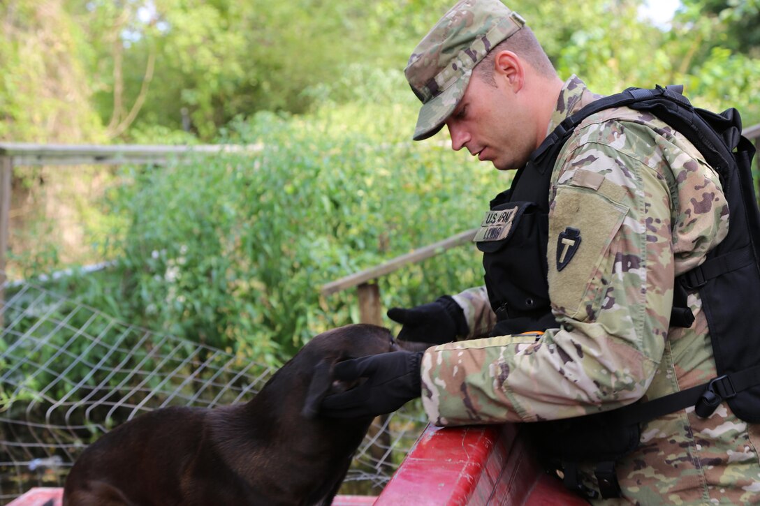 A soldier leans over to pet a dog.