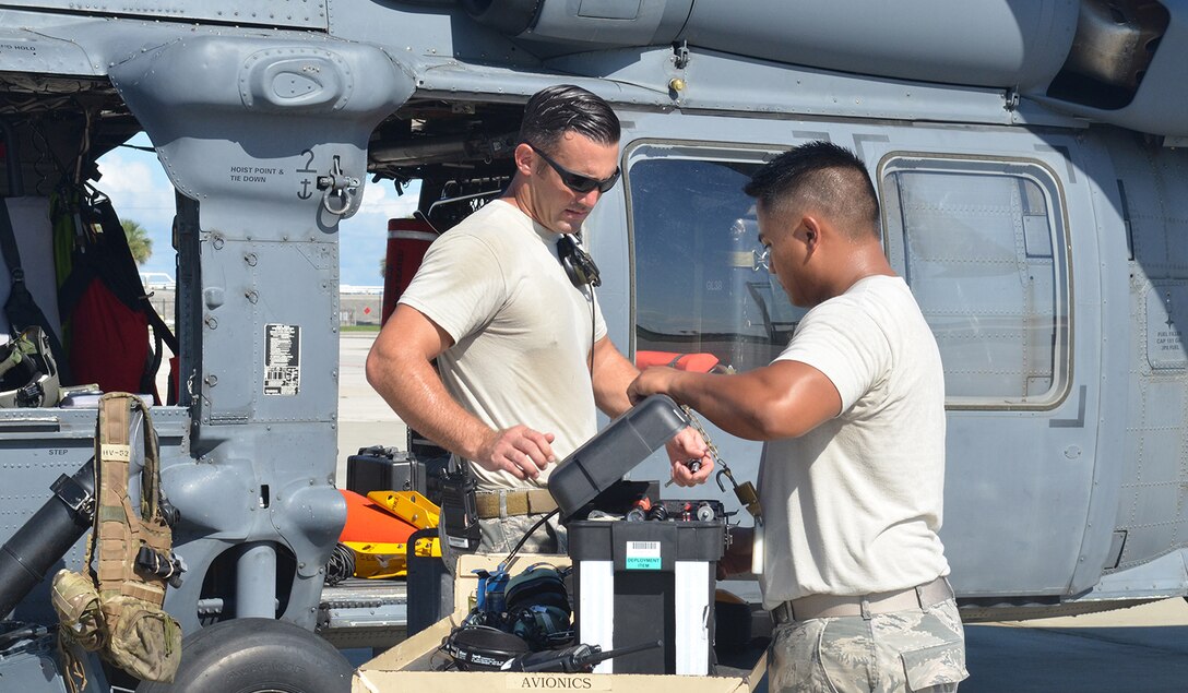 Maintenance teams from the 920th Rescue Wing, Patrick Air Force Base, Florida, ready its wings to be relocated September 7 in response to Hurricane Irma’s projected path and to pre-position for rescue efforts after the storm if needed. Aircrews flew three HH-60G “Jolly” Pave Hawk helicopters to Orlando; and two HC-130P/N “King” fixed-wing aerial refueling aircraft to Georgia; while pararescue teams configured as a rescue assets in case they are called into action from the aftermath of the storm. (U.S. Air Force photo/Maj. Cathleen Snow)