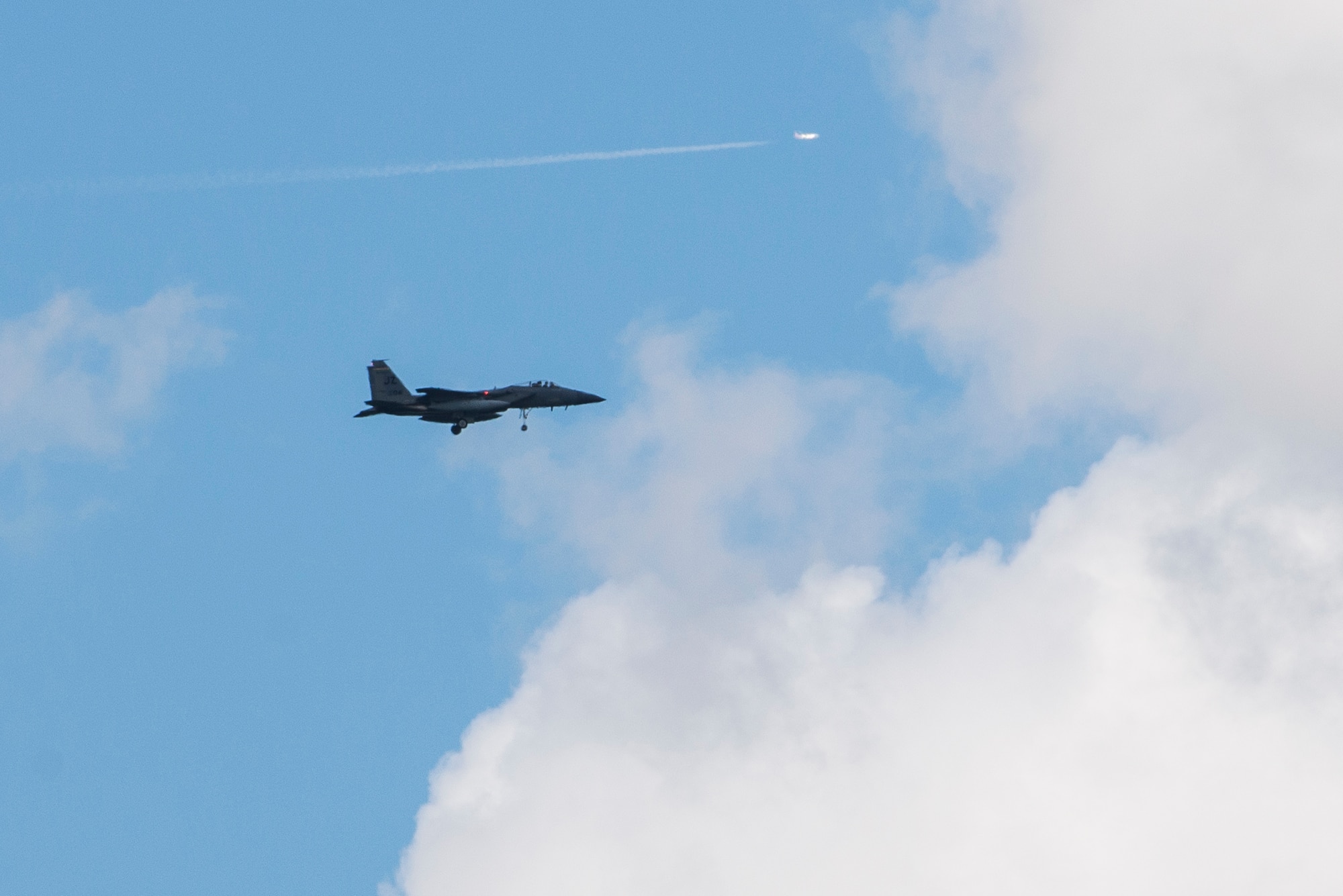 An F-15C aircraft from the 125th Fighter Wing in Jacksonville, Fla., circles the runway of Wright-Patterson Air Force Base, Ohio, in preparation for landing and safe haven support, Sept. 7, 2017. The F-15 was one of several planes using Wright-Patterson AFB as a Safe Haven while Hurricane Irma threatens their home station. (U.S. Air Force photo by Wesley Farnsworth)