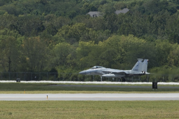 An F-15C aircraft from the 125th Fighter Wing in Jacksonville, Fla., lands at Wright-Patterson Air Force Base, Ohio, for safe haven support, Sept. 7, 2017. The F-15 was one of several planes using Wright-Patterson AFB as a Safe Haven while Hurricane Irma threatens their home station. (U.S. Air Force photo by Wesley Farnsworth)