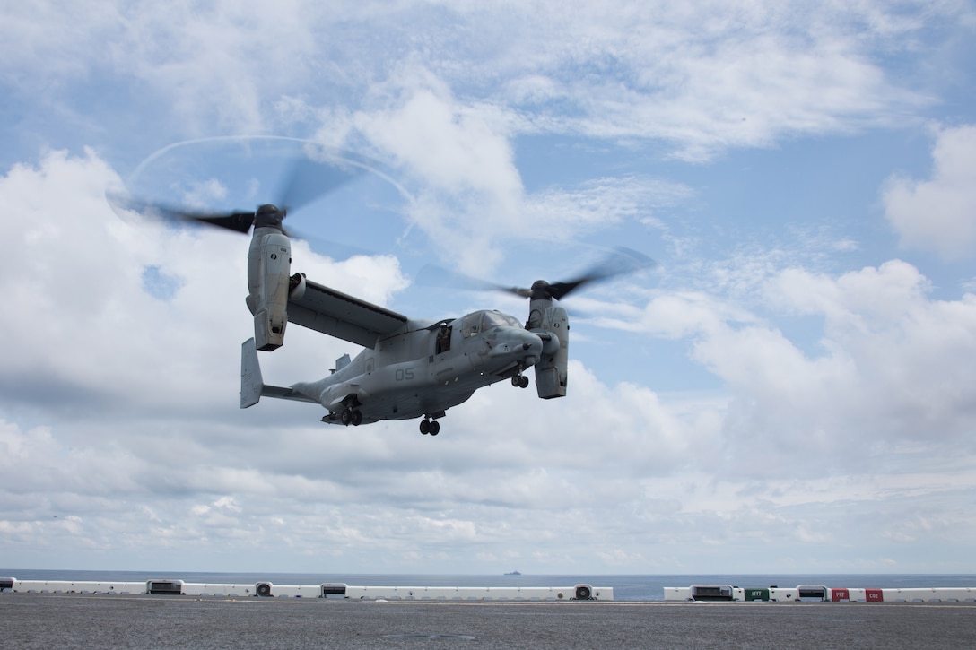 A U.S. Marine Corps MV-22B Osprey with Marine Medium Tiltrotor Squadron 162 (Reinforced), 26th Marine Expeditionary Unit (MEU), lands on the flight deck aboard the amphibious assault ship USS Kearsarge in the Atlantic Ocean, Sep. 3, 2017. Approximately 690 Marines and Sailors with the 26th MEU embarked aboard the amphibious assault ship as part of prudent measures in anticipation of future tasking to support Hurricane Irma relief efforts.  (U.S. Marine Corps photo by Lance Cpl. Alexis C. Schneider)