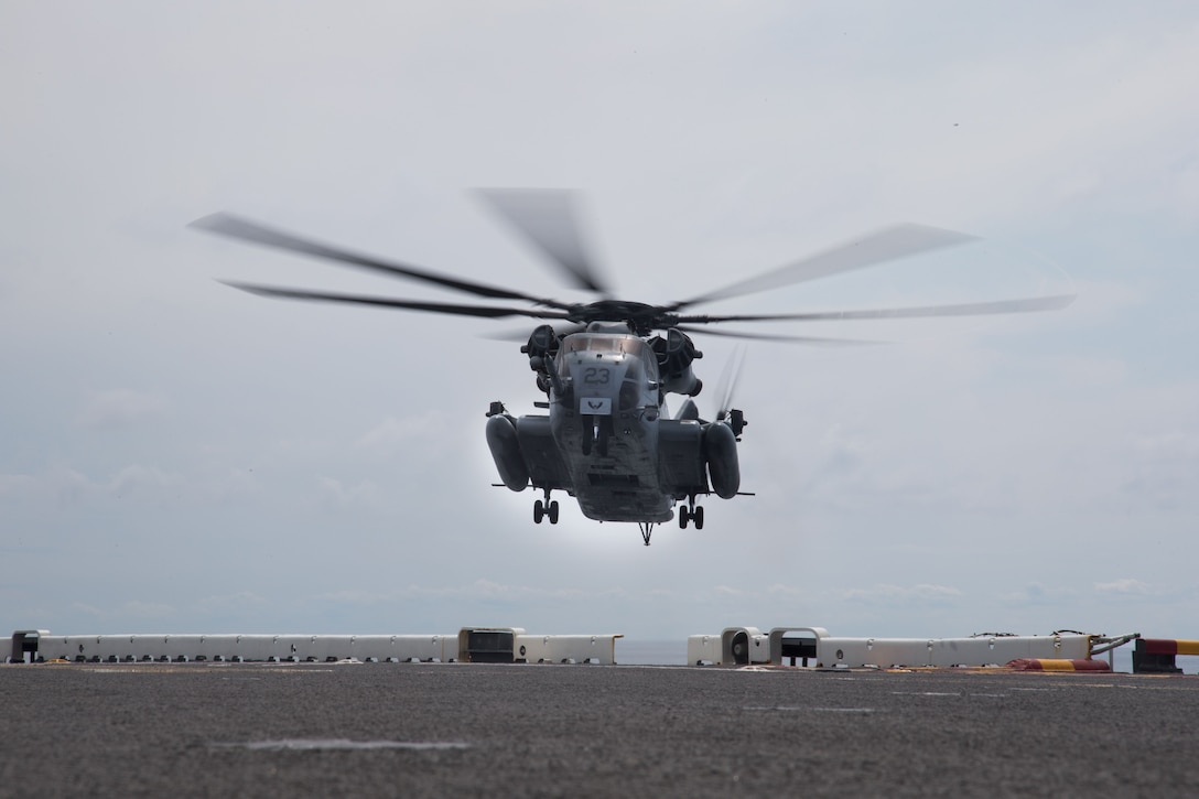 A U.S. Marine Corps CH-53E Super Stallion with Marine Medium Tiltrotor Squadron 162 (Reinforced), 26th Marine Expeditionary Unit (MEU), lands on the flight deck aboard the amphibious assault ship USS Kearsarge in the Atlantic Ocean, Sep. 3, 2017. Approximately 690 Marines and Sailors with the 26th MEU embarked aboard the amphibious assault ship as part of prudent measures in anticipation of future tasking to support Hurricane Irma relief efforts.  (U.S. Marine Corps photo by Lance Cpl. Alexis C. Schneider)