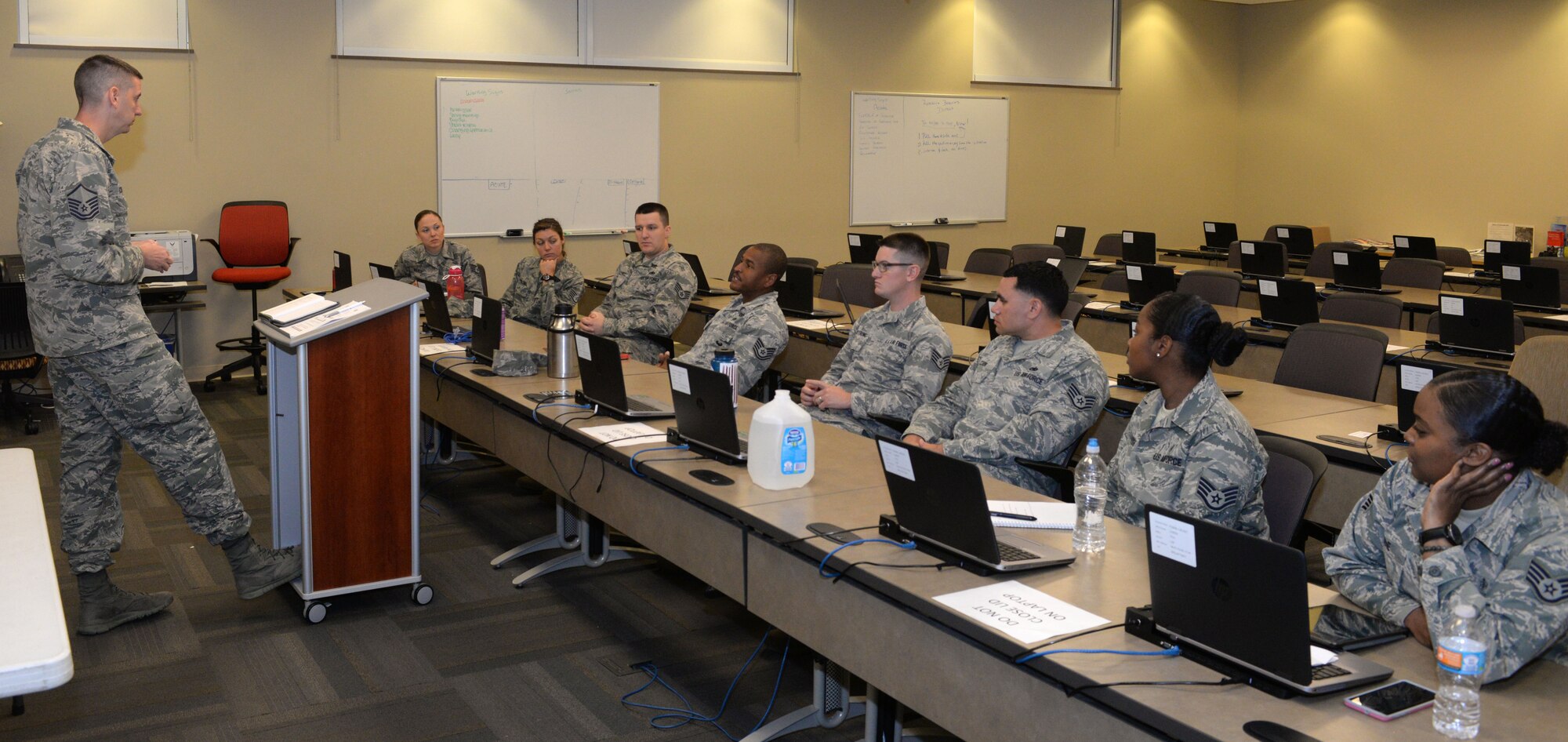 Tech. Sgt. William J. Hyche III the section chief for pavements and equipment, assigned to the 28th Civil Engineer Squadron, offers his opinion in an open discussion Sept. 5, 2017, on Ellsworth Air Force Base, S.D. Course facilitators focused more on lectures an open discussions rather than slide shows. (U.S. Air Force photo by Airman 1st Class Thomas Karol)