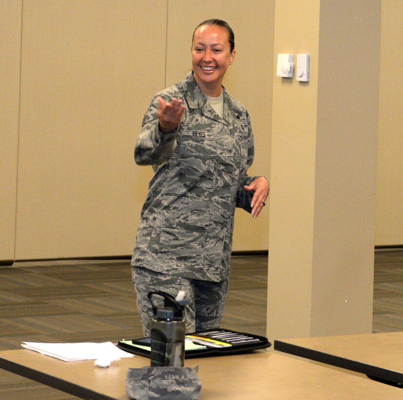 Master Sgt. Sibyl Reyes, the first sergeant for the 28th Contracting Squadron, questions noncommissioned officers during Backbone University, a course focused on joint leadership development, Sept. 5, 2017, on Ellsworth Air Force Base, S.D. First sergeants facilitated conversations about cooperating with our sister services and other key Air Force issues. (U.S. Air Force photo by Airman 1st Class Thomas Karol)