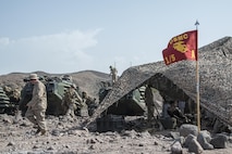 U.S. Marines from the 15th Marine Expeditionary Unit set up camp during Alligator Dagger – a two-week exercise that prepares incoming Naval Amphibious Forces, Task Force 51/5th Marine Expeditionary Unit's Amphibious Readiness Group/Marine Expeditionary Unit teams to integrate and synchronize  warfighting capabilities in the U.S. Central Command's area of operations.