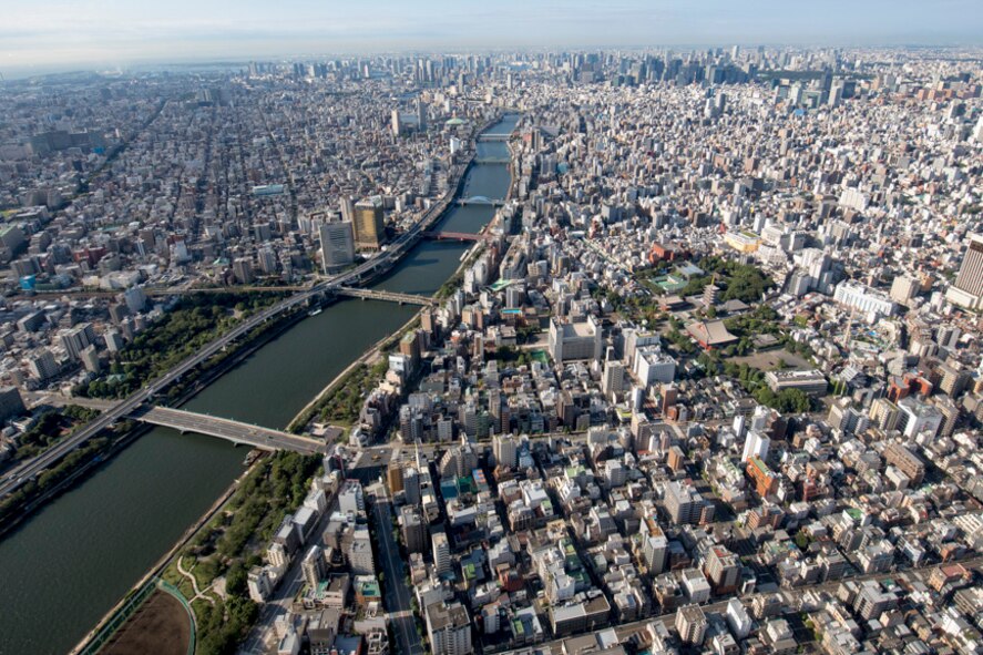 An aerial view of the Sumida River