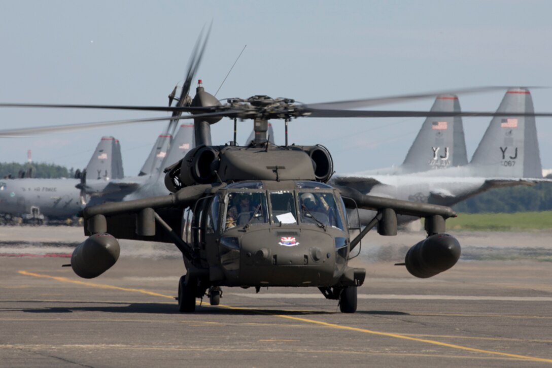 A U.S. Army UH-60 Black Hawk helicopter assigned to the U.S. Army Aviation Battalion-Japan based at Camp Zama taxis on the flight line at Yokota Air Base