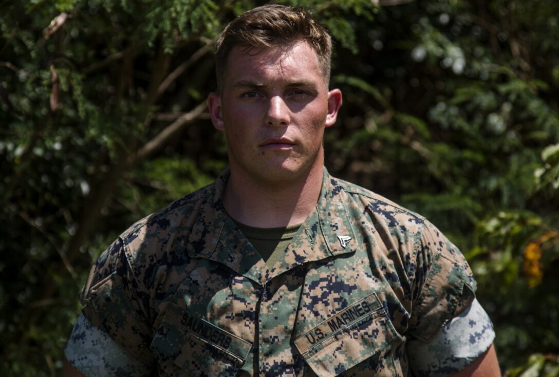 Cpl. Kendall J. Saunders is scheduled to receive the Lance Cpl. James E. Swain Marine Corps Intelligence Enlisted Marines of the Year award in Arlington, Virginia, September 28, 2017. Saunders, who is from Lawson, Missouri, is the noncommissioned officer in charge for the Theater Security Corporations (TSC) cell, 3rd Intelligence Battalion, III Marine Expeditionary Force Headquarters Group, III Marine Expeditionary Force. His service record stood out due to his effort as an intelligence analyst and his non-stop commitment he showed alongside his fellow Marines. (U.S. Marine Corps photo by Cpl. Jessica Etheridge)