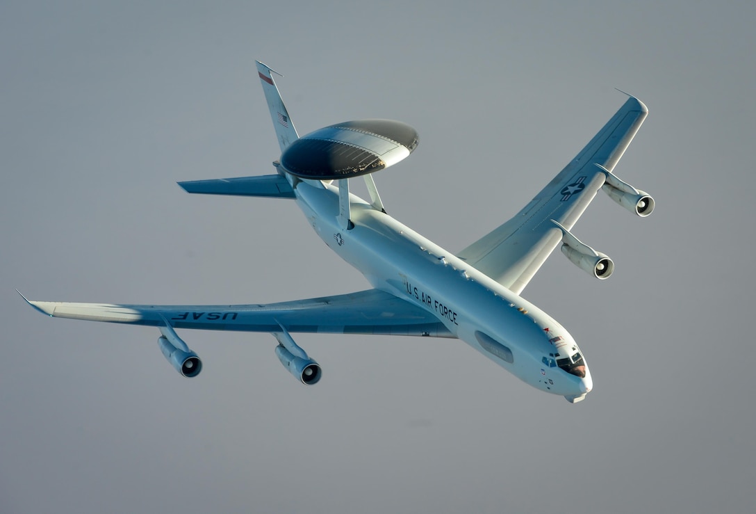 An E-3 Sentry flies above Southwest Asia in support of Operation Inherent Resolve Aug. 30, 2017. The E-3 Sentry is an airborne warning and control system aircraft with an integrated command and control battle management, surveillance, target detection, and tracking platform. (U.S. Air Force photo by Staff Sgt. Michael Battles)