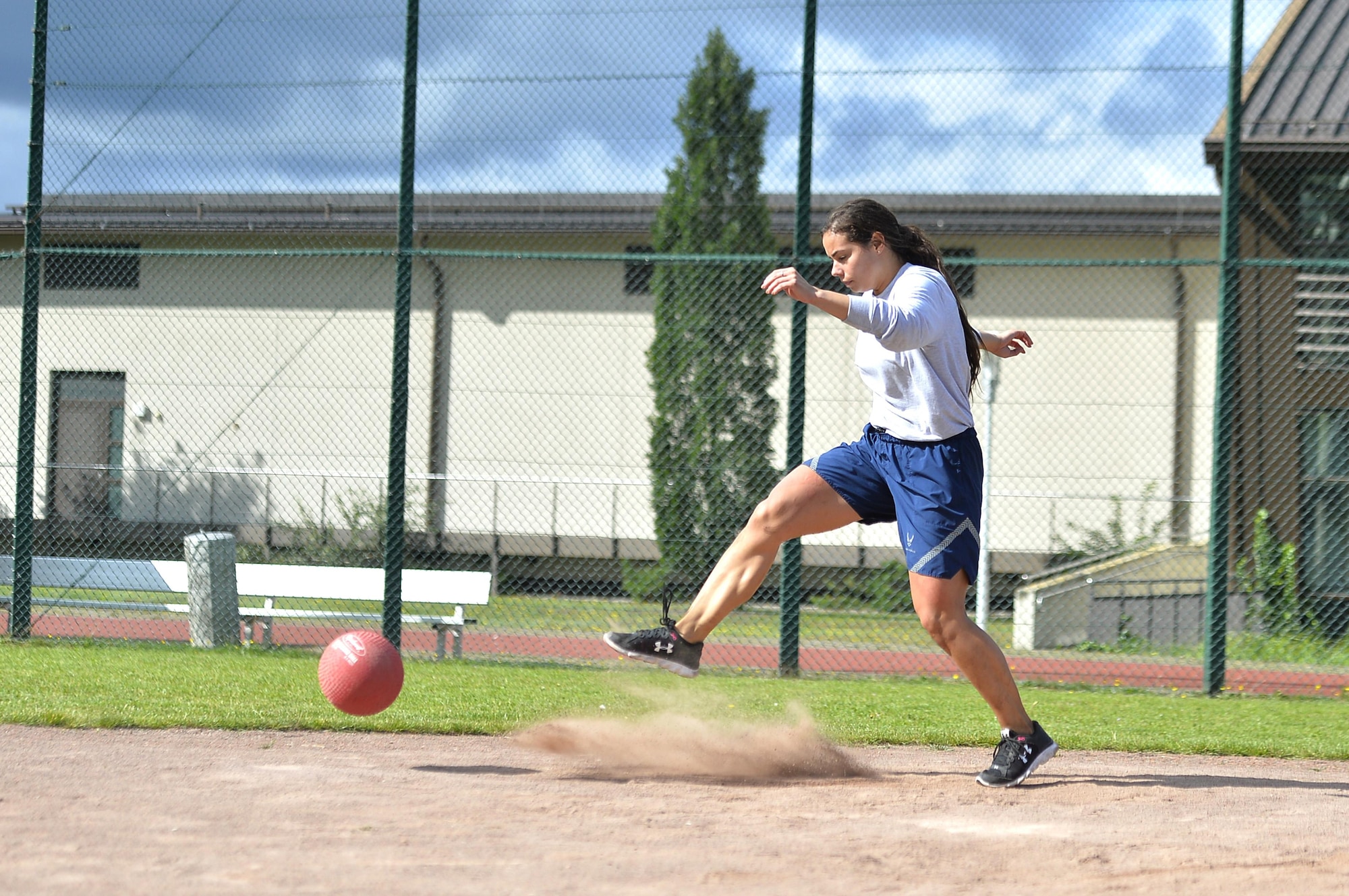 A U.S. Airman assigned to the 86th Airlift Wing plays kickball on Ramstein Air Base, Germany, Sept. 6, 2017. Airmen from all over the wing competed in the annual Commander’s Challenge resiliency day. (U.S. Air Force photo by Airman 1st Class Joshua Magbanua)