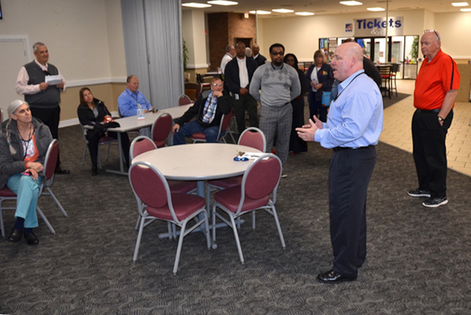 Defense Logistics Agency Installation Support at Richmond Installation Emergency Manager William Bullock advises employees on safety strategies during the annual tornado drill held March 21, 2017 at Defense Supply Center Richmond, Virginia.