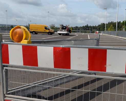 The Kaiserslautern Military Community  Center's southwest entrance parking lot, on Ramstein Air Base, Germany, will be re-opened shortly after a final acceptance check, scheduled for Sept. 11, 2017. While construction was initially to repair the infrastructure of the parking lot, the 86th Civil Engineer Squadron took the opportunity to widen the parking spots by approximately half a meter each.  (U.S. Air Force photo by Senior Airman Jimmie D. Pike)